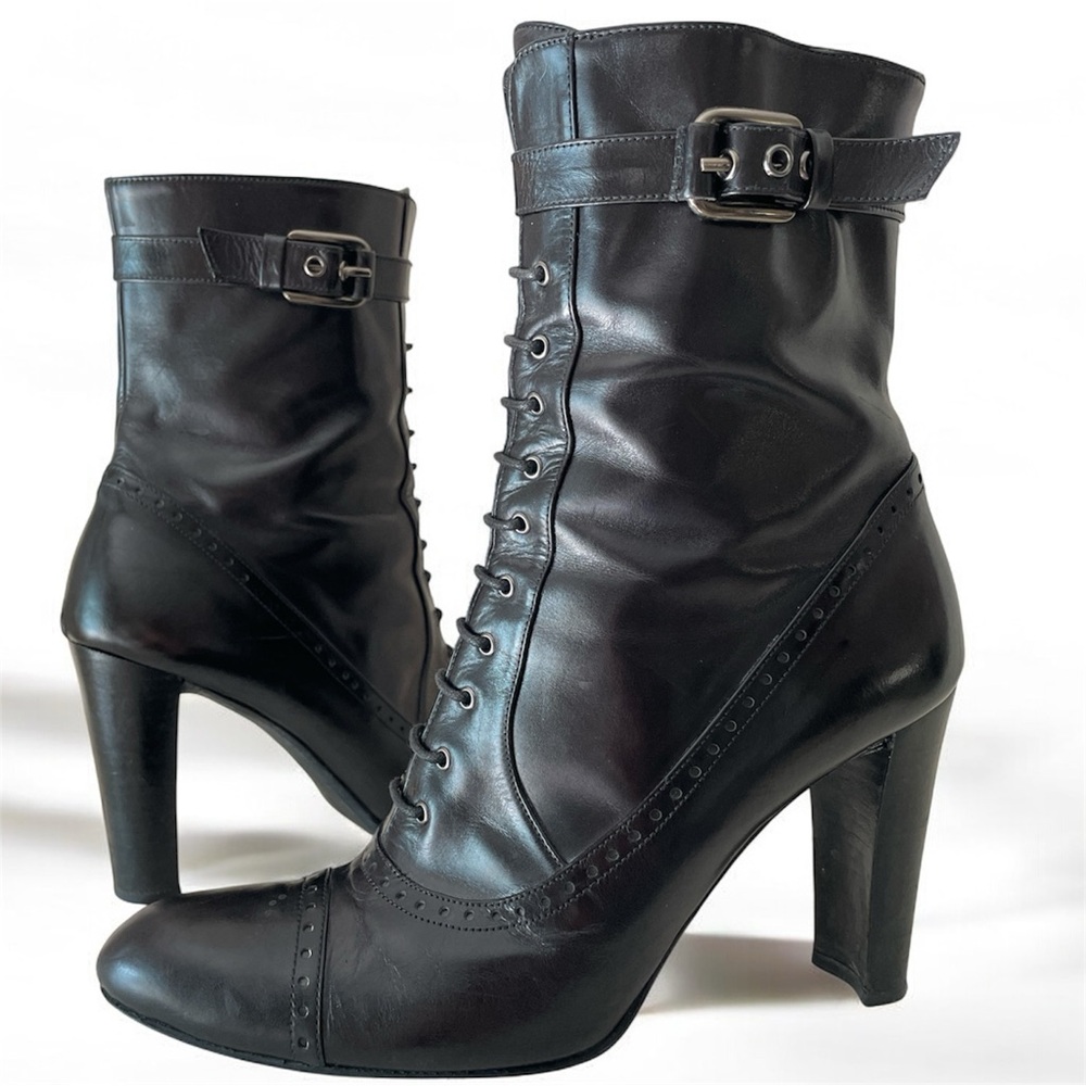 Stuart Weitzman Ankle Boots Victorian Lace-up Granny Black Leather Heeled Italy